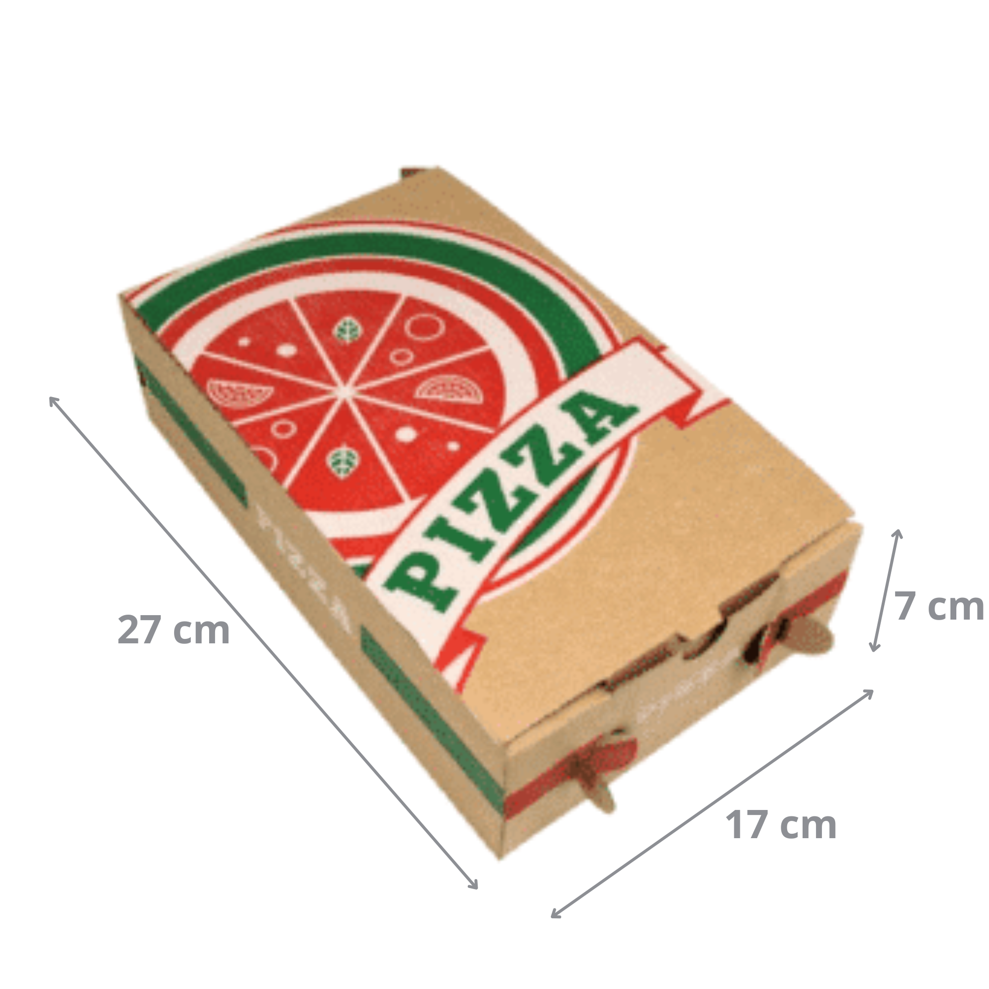 Boîte Pizza Calzone en Carton Kraft Brun Décorée 3 couleurs 27x17x7 cm